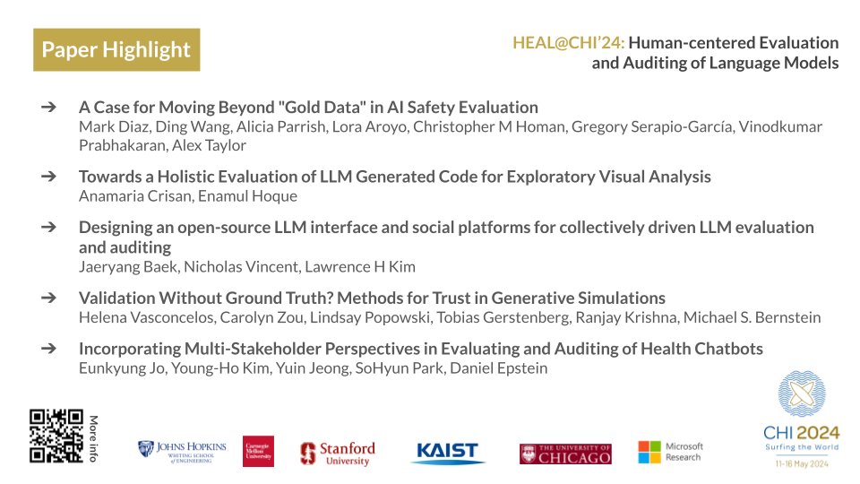 📢We would also want to highlight five notable works, each representing a unique LLM Evaluation and Auditing aspect. 

Congrats to all authors and looking forward to their presentations at HEAL@CHI24!  🥳

More: tinyurl.com/3zmvxmu6 

#HCI #NLProc #CHI2024