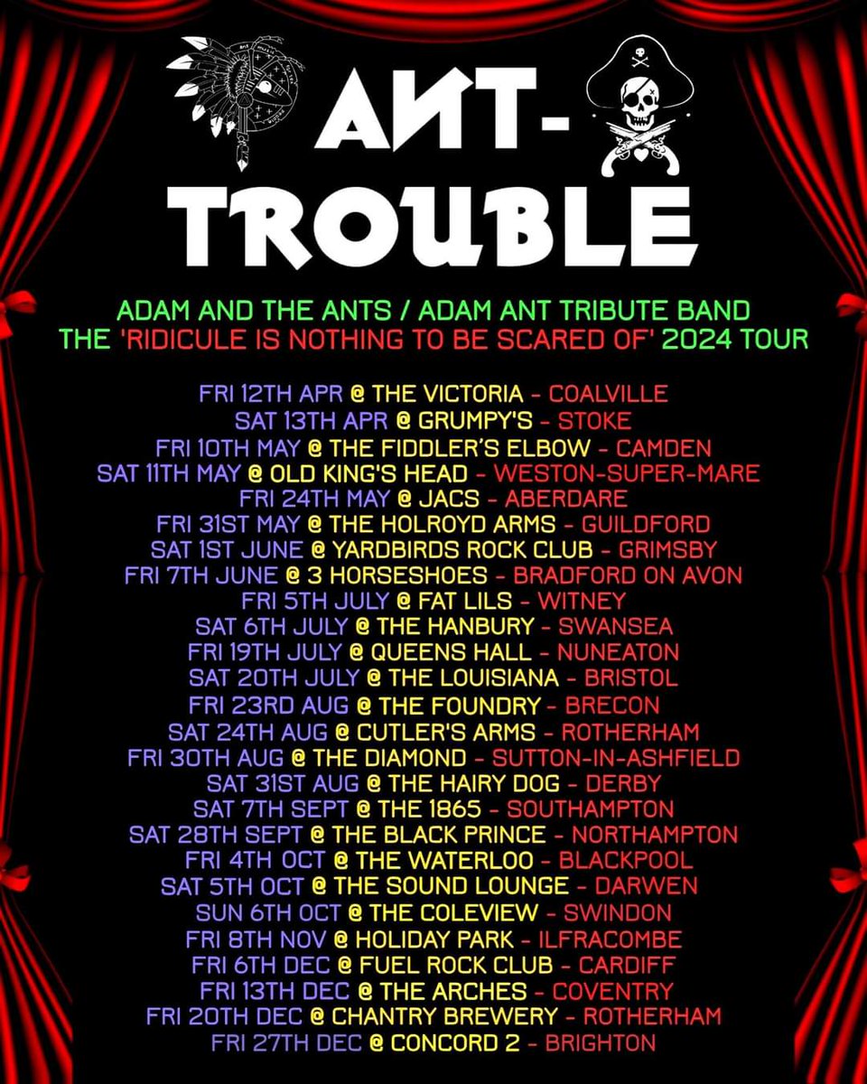 NEXT WEEKEND 🐜

Our mates Ant Trouble the Adam & the Ants trib are playing #Camden #London & #WestonSuperMare Friday/Saturday - few tix remaining! 🎟️🔥

Support live music - more info 👇
linktr.ee/anttrouble