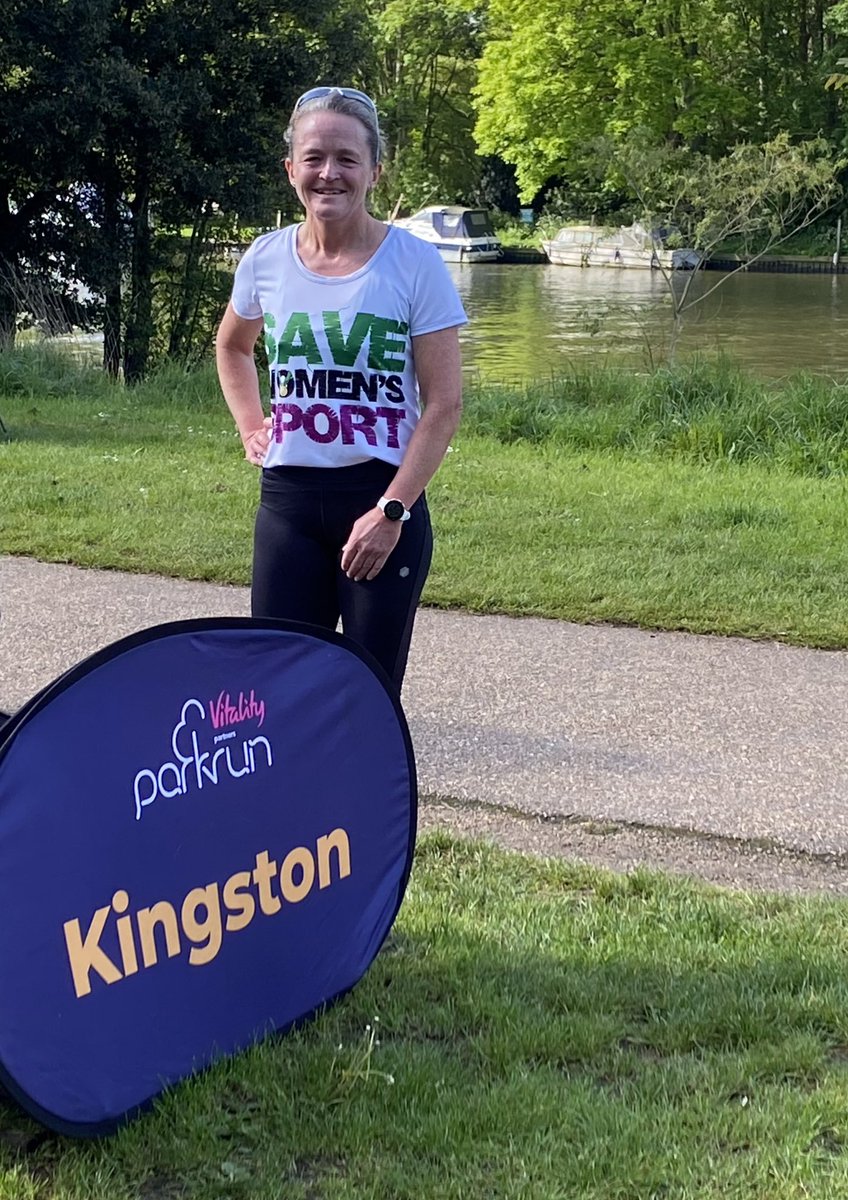 Excellent to see others wanting to #savewomenssports at Kingston parkrun today. 👍💪 Thank you to all the volunteers. 🙏 Out & back course so nearly everyone saw my shirt. 👍 I will continue speaking up for #fairnessforfemales until all males are out of the Female category.