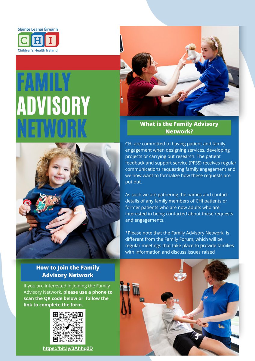We are looking for family members of patients or former to patients to join our Family Advisory Network. If you're interested in joining, apply here➡️bit.ly/3Ahhq2D or if you have any questions, email 📧 patient.feedback@childrenshealthireland.ie