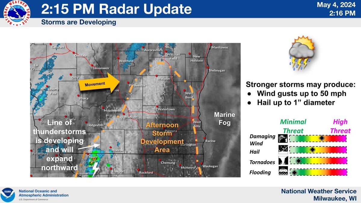 2:15 PM Radar Update: Line of storms starting to develop this afternoon. A few stronger storms are possible. #swiwx #wiwx