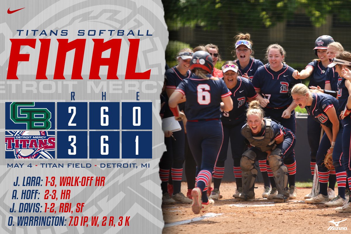 WALK IT OFF!!
✅Lara's long ball gives the Titans their first #HLSB series win since 2019!
✅Warrington closes out Senior Day in style with a dub
✅Hoff hits first career homer
#DetroitsCollegeTeam⚔️