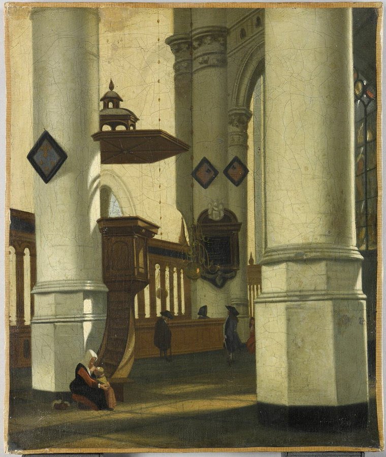 Church interior with woman & child at the foot of a pulpit After Hendrik van Streek, 1636 (Musée du Louvre)