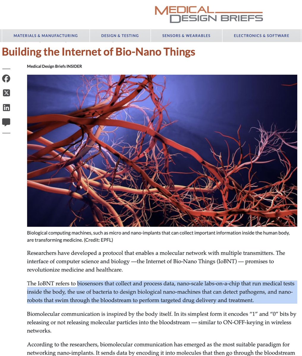 Doctors Are Building the Internet of Bio-Nano Things in  the Cardiovascular System

#IoBNT

#MedicalBodyAreaNetwork 

#NanoscaleComputing

#MolecularCommunicationRouting

#IntraBodyNanoSensorNetworks

#NanoCyberInterface

medicaldesignbriefs.com/component/cont…