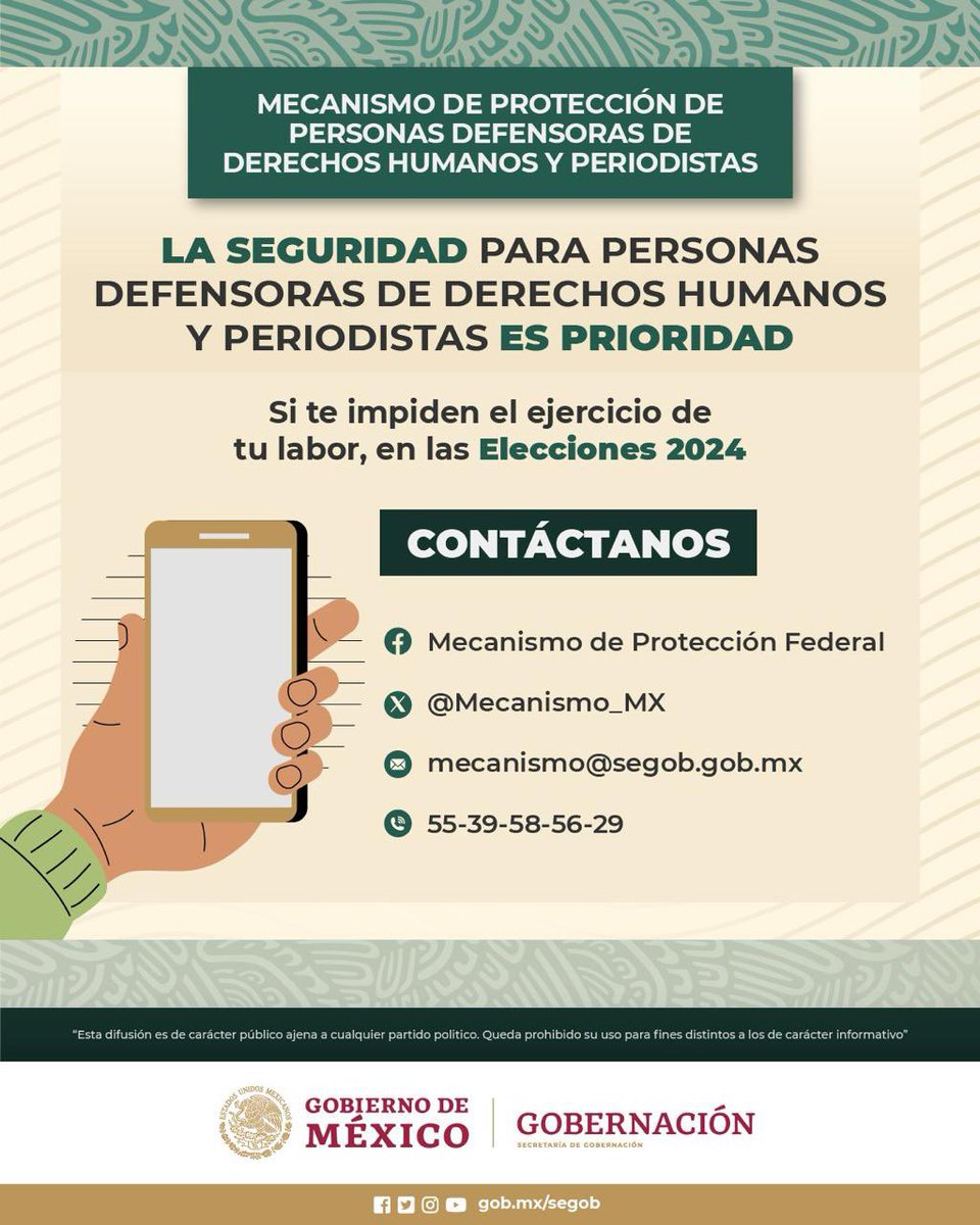 Para la @SEGOB_mx y la  Subsecretaría de Derechos Humanos, Población y Migración, la seguridad de las personas defensoras de #DDHH y periodistas es esencial para garantizar la libertad de expresión y el derecho a defender derechos. 

#Gobernación
@Mecanismo_MX