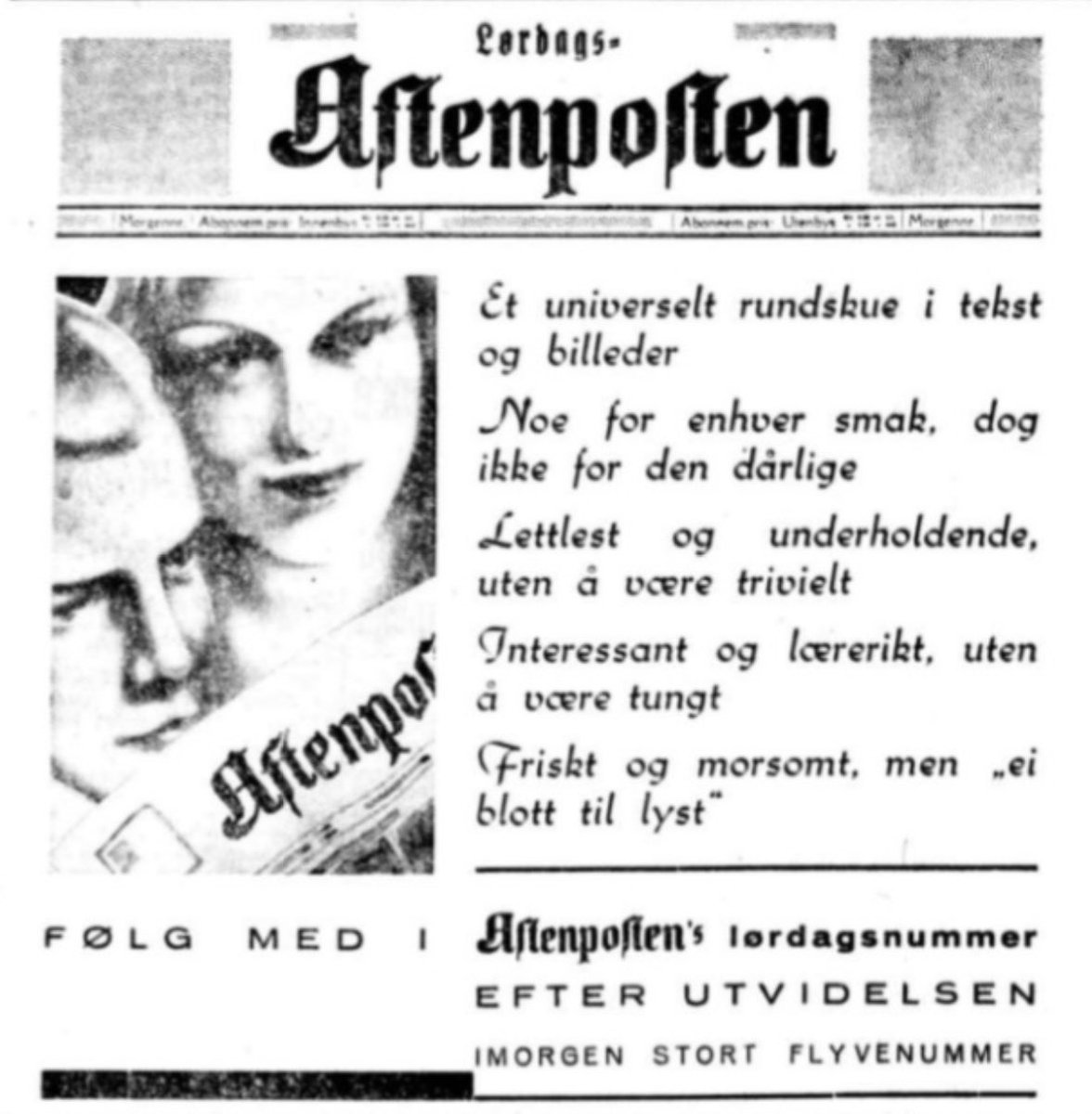 Egenannonse for lørdagsavisen #pådennedag 1934.