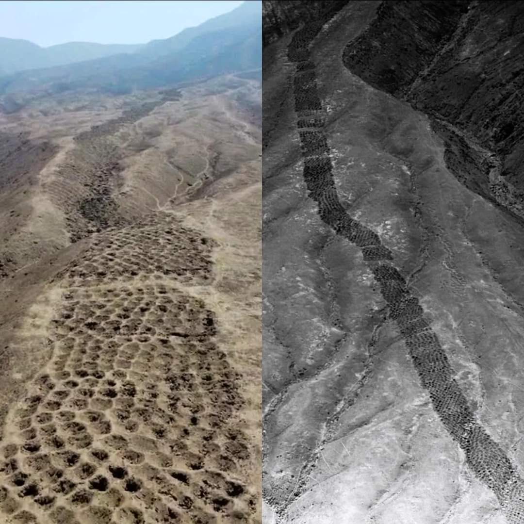 A 20 meter wide band of holes, known as the 'Mysterious Nazca Holes,' is an archaeological site located in the Nazca region of Peru. It consists of approximately 7,000 small holes or cavities arranged in a linear pattern across the desert floor, stretching for approximately 1…