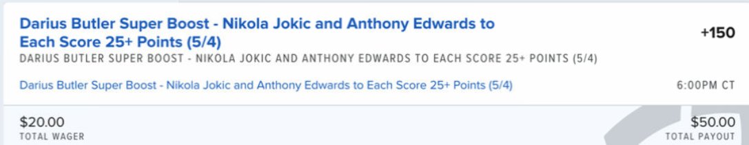 EdgePlayBook's tweet photo. #BetInPublic #SteadyEdge we have another boost for tonight #NBAPlayoffs2024 game #TimberwolvesNuggets. Fair odd for #NikolaJokic and #AnthonyEdwards to both score 25+ points is +130 for 8% EV #GamblingX #EVBetting