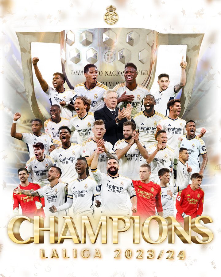 Congratulations to Real Madrid for winning the 2023/2024 La liga title🏆. Courtesy of Girona’s win over Barcelona tomight,Making this the 36th la liga title for Los Blancos.

#realmadrid #laliga #football #soccer #3scorers #losblancos #spanishlaliga #champions #campeones