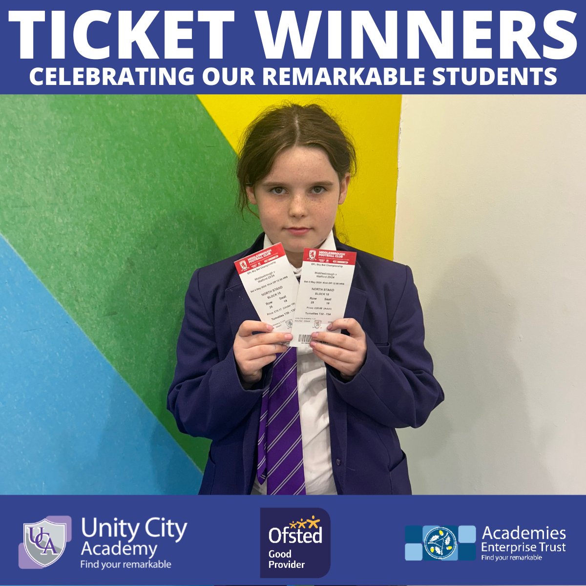 Over the last two weeks we have been holding a raffle for students who attended our praise fest on Fridays - with the winners recieving @boro match tickets.

Our students must have been good luck today as the Boro ran out 3-1 winners!  

Well done!  

#oneaet