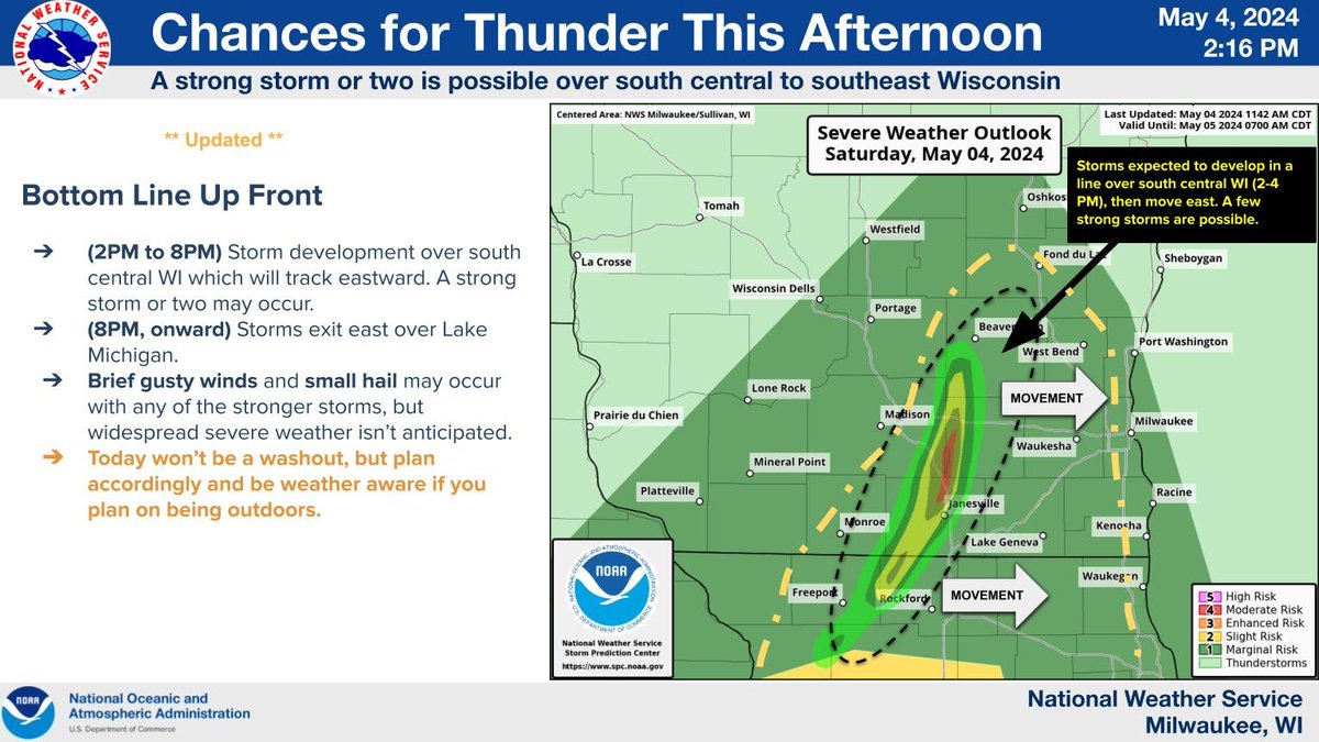 Thunderstorms are developing into a broken line that will track across south central and southeast WI through early evening. A strong storm or two is possible. #swiwx #wiwx