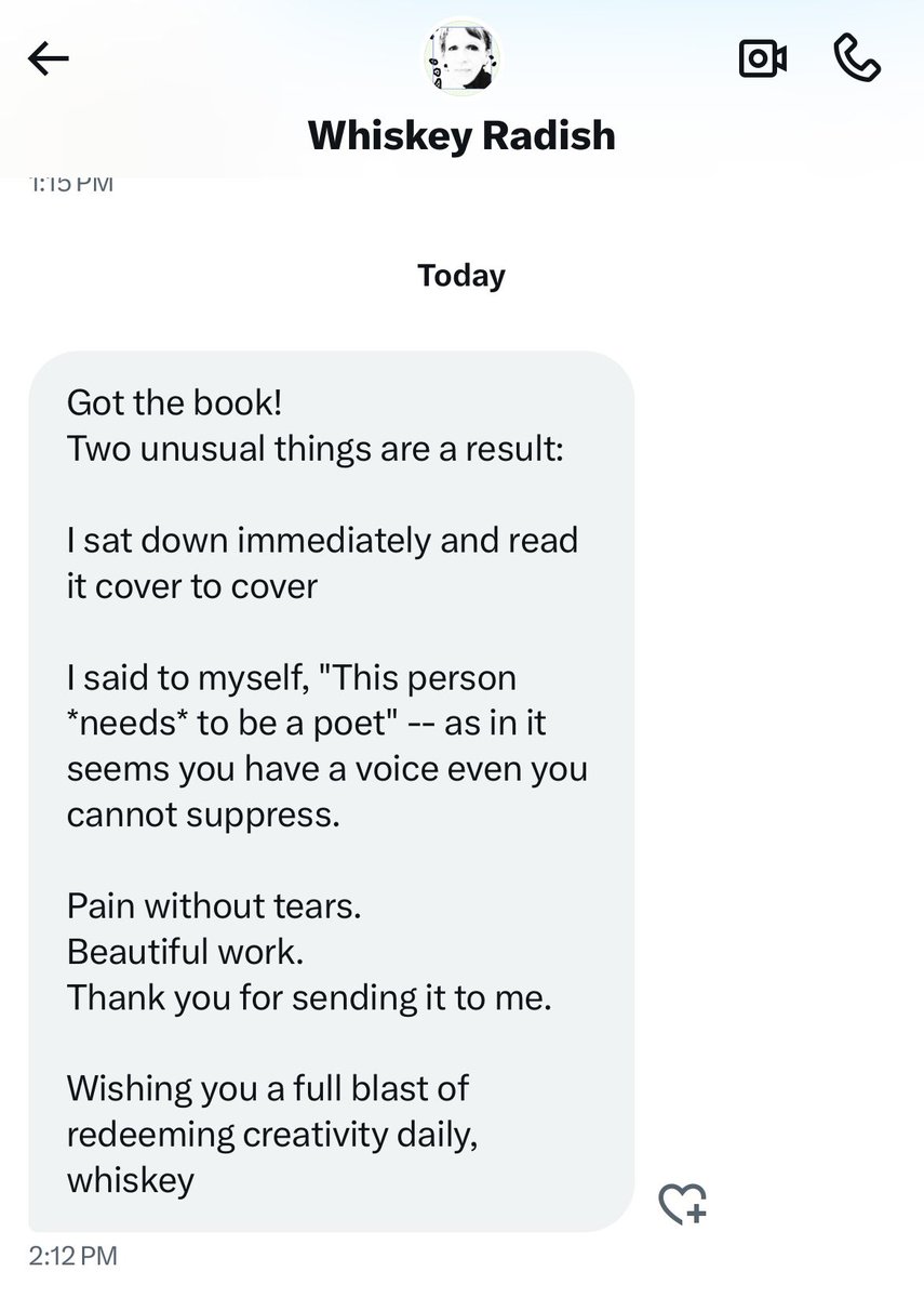 my day is made courtesy of @WhiskeyRadish, who read Personal Injury with such generosity of spirit. this means everything to me! #poetrycommunity 💓