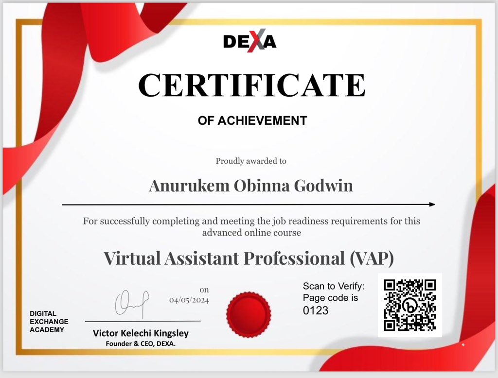 I'm thrilled to share that I've become a certified Virtual Assistant Professional. Huge thanks to @Learnwithdexa for this amazing opportunity💯. 

After dedicated training and hard work, I'm now equipped with the skill. #ProfessionalDevelopment #Networking #remotejob