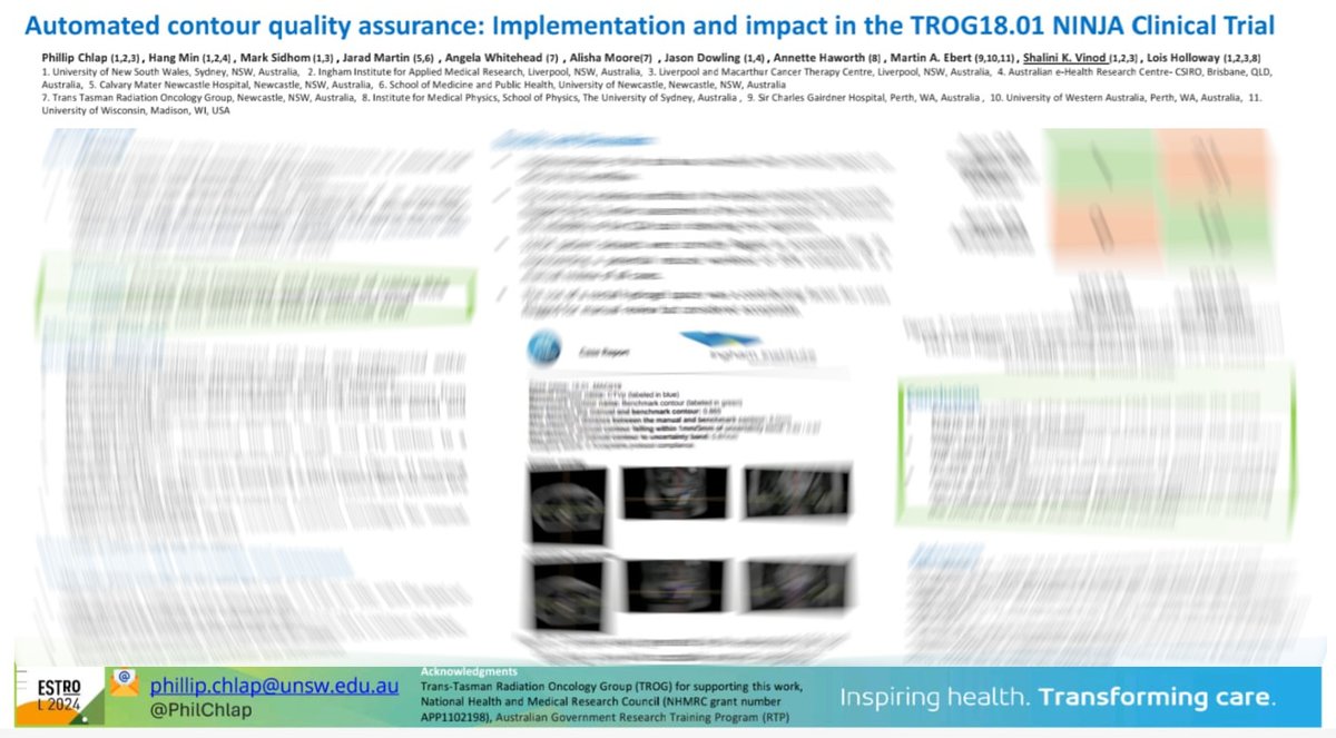 Phil Chlap (@philchlap) on Twitter photo A shame I'm unable to join for #ESTRO2024 this year. Check out our latest work on the deployment of an automated contour QA tool within the TROG18.01 NINJA Clinical Trial! Don't miss Poster 1554 and the poster discussion by <a href="/shalinivinod13/">Shalini Vinod</a> on Monday at 16:57 in Dochart 1. A shame I'm unable to join for #ESTRO2024 this year. Check out our latest work on the deployment of an automated contour QA tool within the TROG18.01 NINJA Clinical Trial! Don't miss Poster 1554 and the poster discussion by <a href="/shalinivinod13/">Shalini Vinod</a> on Monday at 16:57 in Dochart 1.