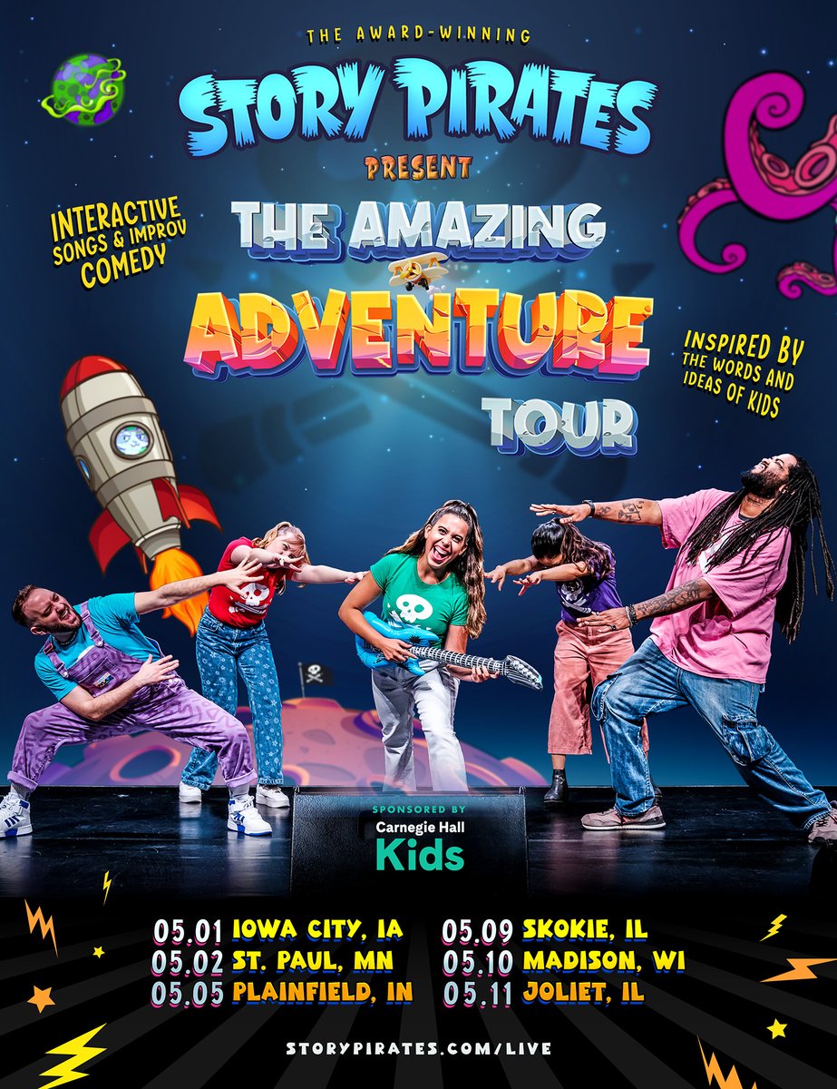 Next up, Indiana tomorrow! Tickets at storypirates.com/live Story Pirates Presents The Amazing Adventure Tour is proudly sponsored by @carnegiehall Kids