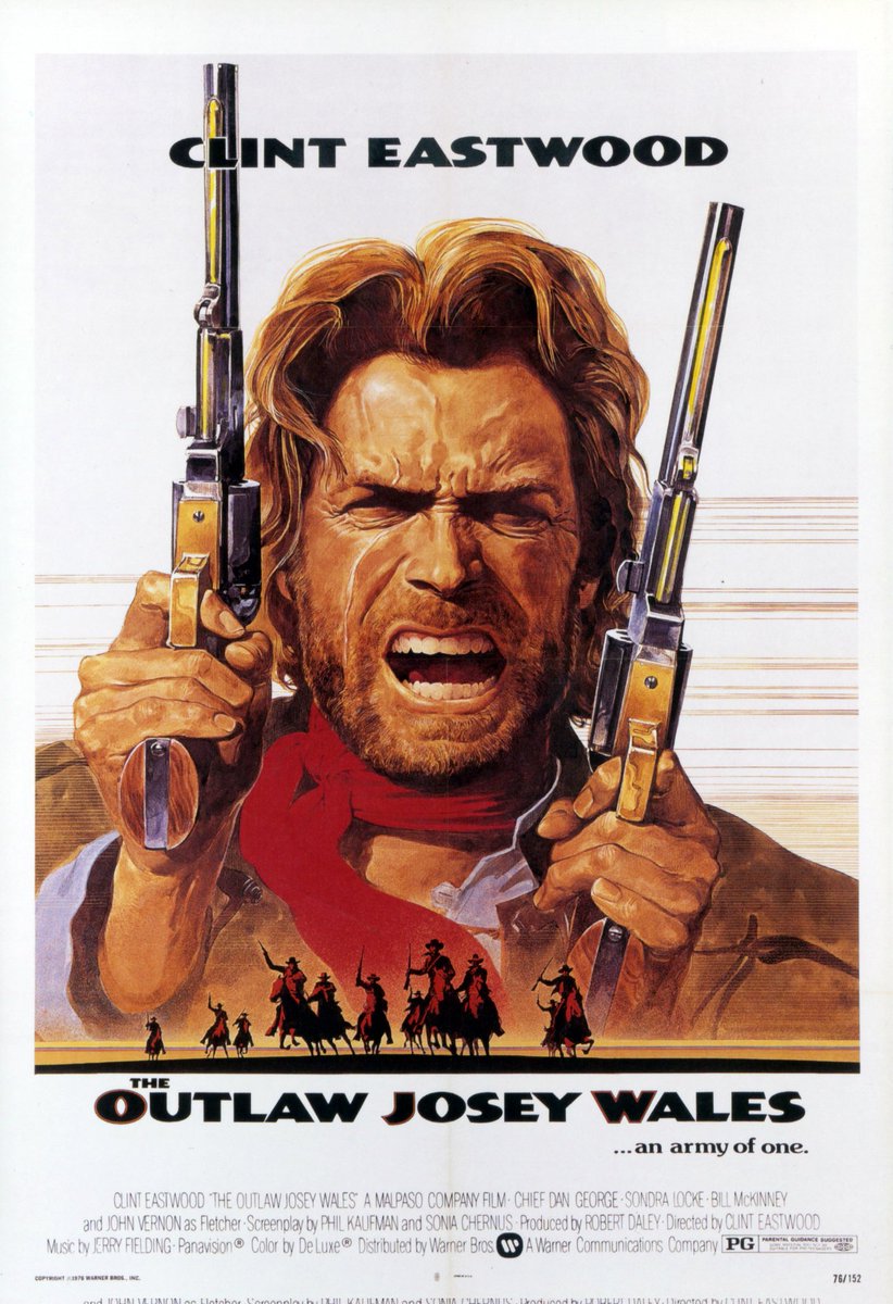 #LASTNIGHTSMOVIE 
The Outlaw Josey Wales.
Still absolutely fantastic. Obvs. But also still really funny - Clint is deadpan as hell - regular bouts of violent vengeful slaughter notwithstanding. Sorta like John Wick but with horses instead of cars. And in this, he gains a dog.