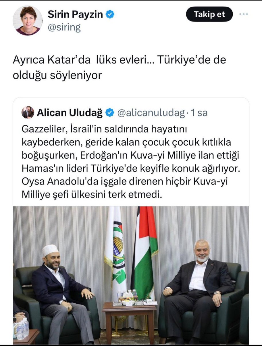 Allahsız, Kitapsız, Ahlaksız olanların iddialarını ciddiye almayın Şirin Payzin. Size Londra'da lüks evler vaad etseler çocuklarınızı, torunlarınızı İsrailin bombalarla parçalamasına izin verir miydiniz? 
İsmail Haniyye'nin ailesi soykırıma uğradı. 
Alican Uludağ'ın bir mossad…