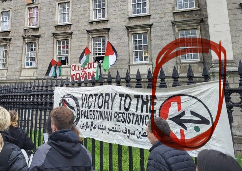 Irish pro-Pals hung a banner saying “Victory to the Palestinian resistance” outside Trinity College. The logo is the terrorists PFLP who are proscribed in the EU. These bullies couldn’t be clearer they support terrorism. Is @tcddublin going to do anything? h/t @RachelMoiselle