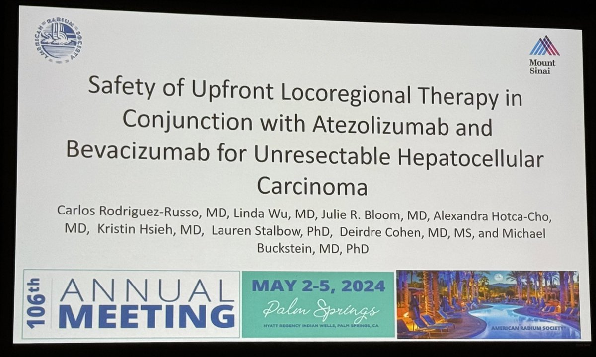 Great talk by chief resident @crodriguezrusso @RadiumSociety #ARS2024 discussing safety of upfront locoregional therapy in conjunction with Atezo & Bev for unresectable HCC. @LatinxOncology 💪🏽☢️🧬