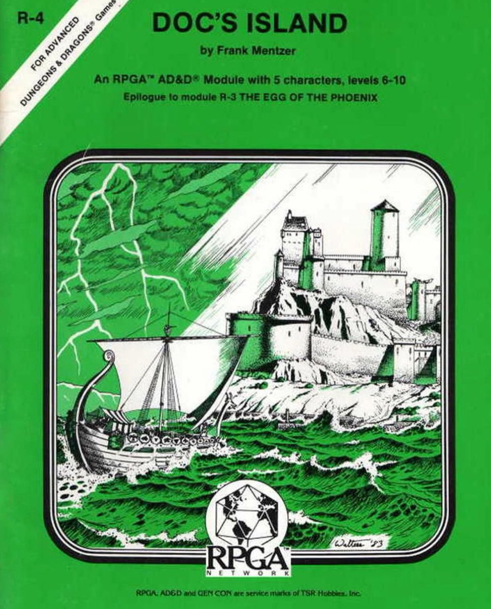 Doc’s Island by Frank Mentzer for the RPGA, with cover art by Bob Walters, 1983. This is another limited edition release, only sold to members of the RPGA, that was later compiled with the other R series modules into I12, Egg of the Phoenix #dnd #rpga #dndadvenures