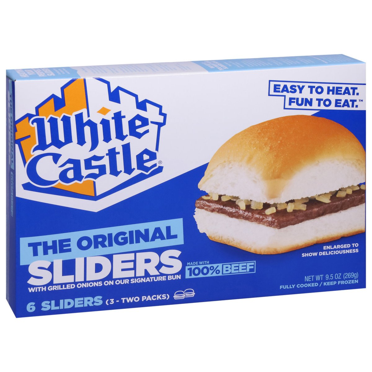 @__Slashy__ white castle easy to heat fun to heat the original sliders with grilled onions on our signature bun made with %100 beef enlarged to show deliciousness 6 sliders 3 -two packs net wt 9.5 oz (269g) fully cooked / keep frozen