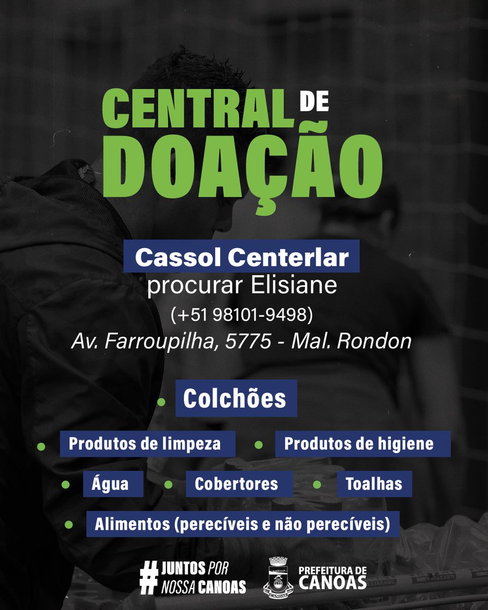🤝🏻 CENTRAL DE RECEBIMENTO DE DOAÇÕES

Quer ajudar os desabrigados desta enchente?
🔹Colchão
🔹Itens de Higiene 
🔹Itens de Limpeza 
🔹Água 
🔹Toalhas
🔹Cobertores 
🔹Alimentos (pereciveis e não perecíveis)

Local de entrega:
 📍Cassol - Av. Farroupilha, 5775 - Mal. Rondon, Canoas