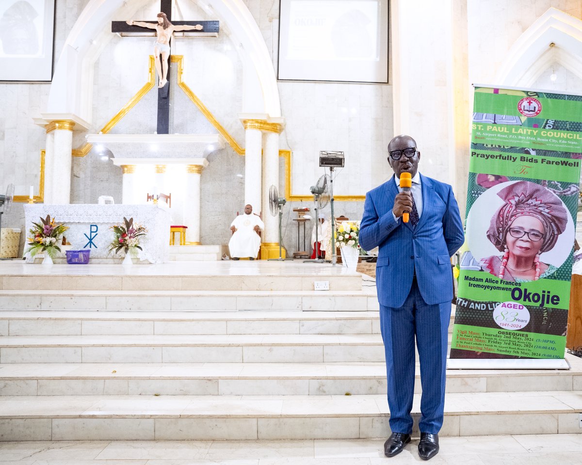 I paid my last respects to Late Madam Okojie today at the Requiem Mass held in her honour at St. Paul’s Catholic Church in the state capital. Mama was a beacon, and a loving mother. May God grant all the fortitude to bear her loss.