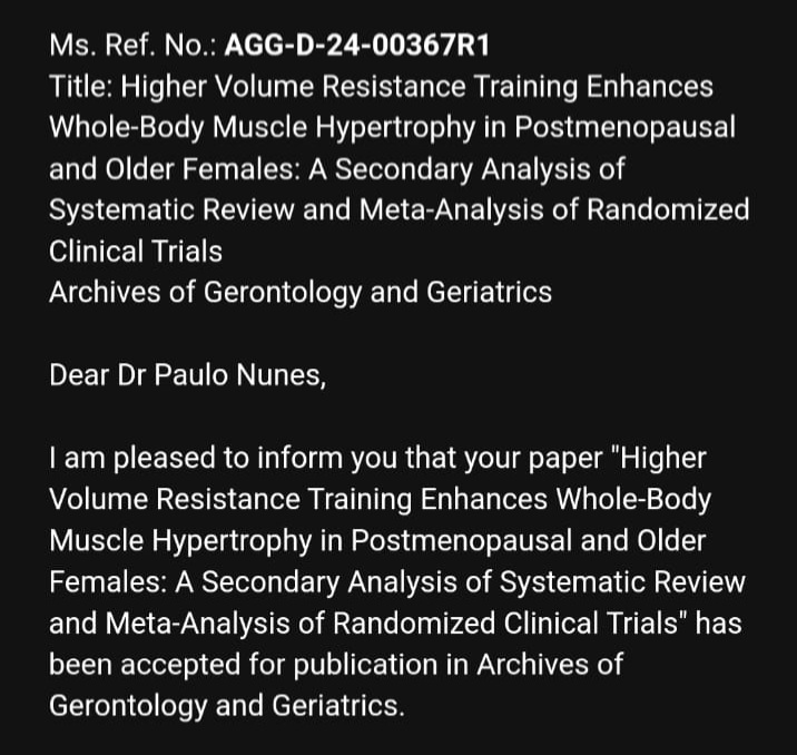 Our recent study has been accepted for publication in the Archives of Gerontology and Geriatrics.

'Compared to control, results suggest that higher volume RT elicits superior improvements in muscle hypertrophy outcomes than lower volume in postmenopausal and older females.'
