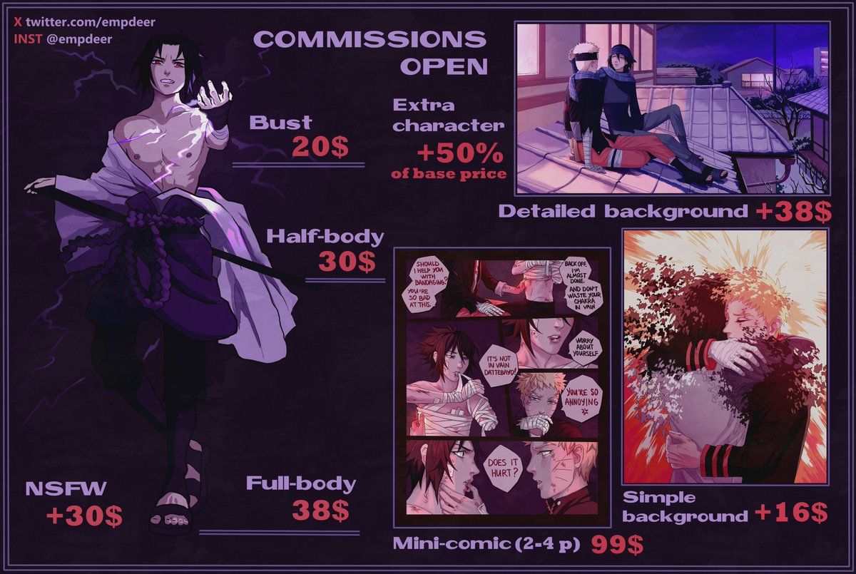 empdeer's tweet image. COMMISSIONS OPEN!
I draw any fandoms, OC, etc. DM me!
Half payment goes in advance.
I'll send sketches so you may request changes.
Full payment - after the sketch.
Deadline is about 1-3 weeks.
Payment by Visa or Mastercard via boosty.to/empdeer/donate (not PayPal)
#narusasu