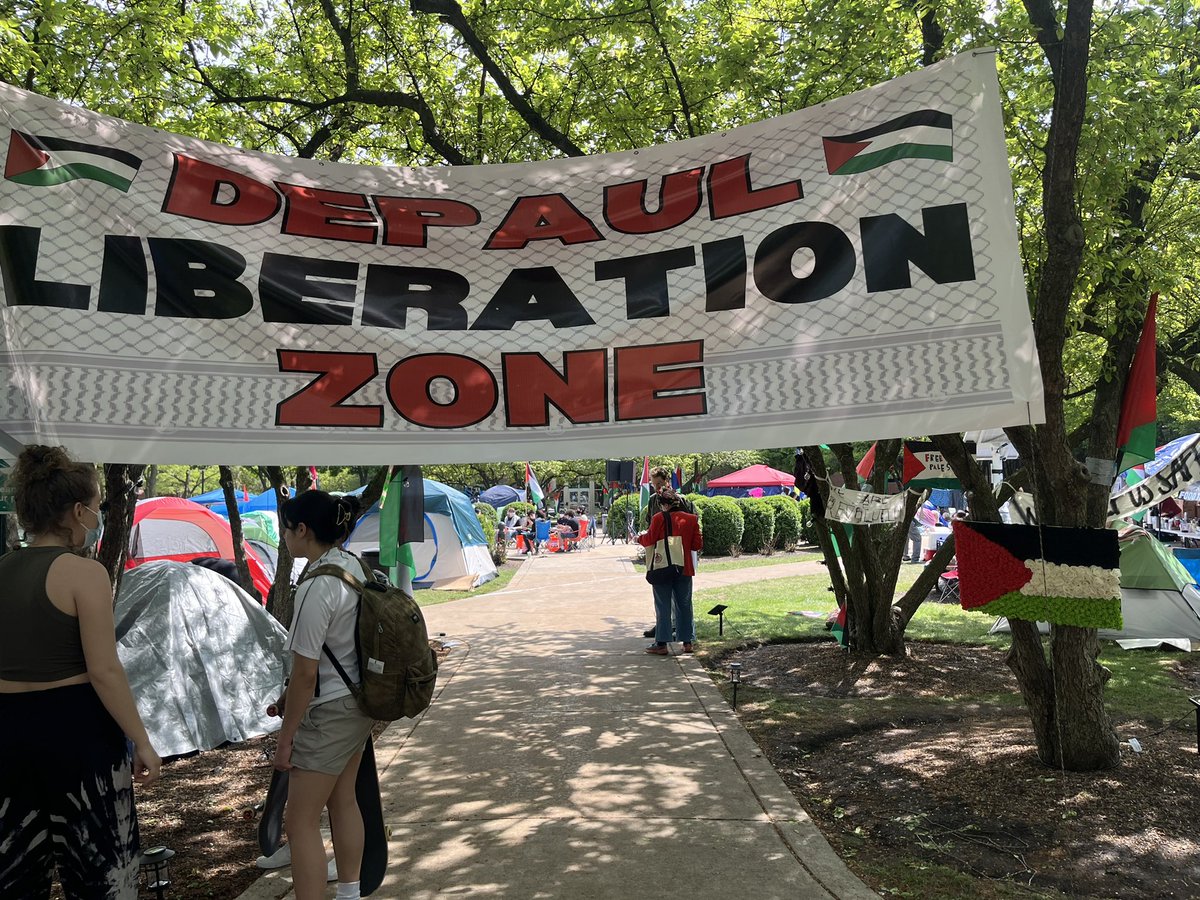 Greetings friends from Lincoln Park, Chicago and Day 5 of DePaul University’s Liberation Zone. It’s a GORGEOUS day. To counter the lies fed to you by cops, uni admins, the mainstream media, the White House & Netanyahu himself, let’s look around at what’s happening here!