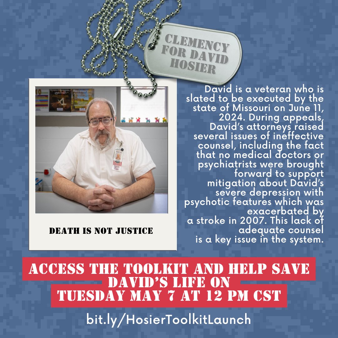 David Hosier is set to be executed in Missouri on June 11th, 2024. Join us Tuesday, May 7th, 12pm cst, for the #ClemencyForDavid toolkit launch to learn more about David & how you can take action using the toolkit to amplify calls for clemency. Sign up: bit.ly/HosierToolkitL…