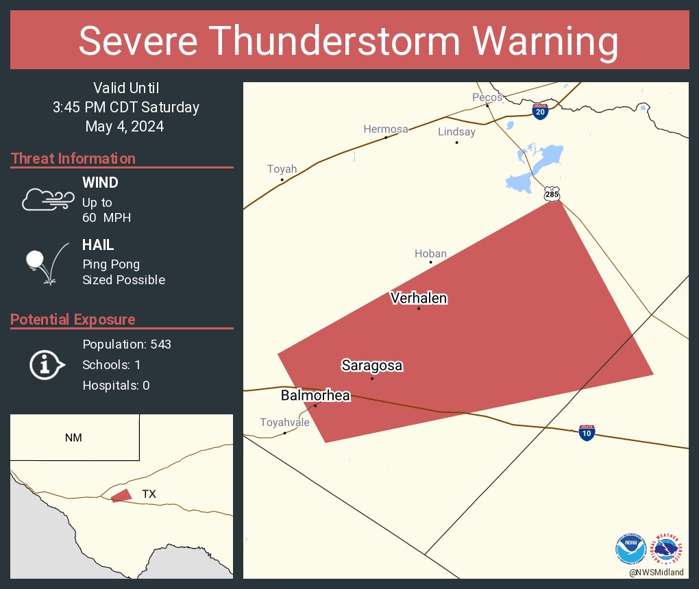 Severe Thunderstorm Warning including Balmorhea TX, Verhalen TX and  Saragosa TX until 3:45 PM CDT