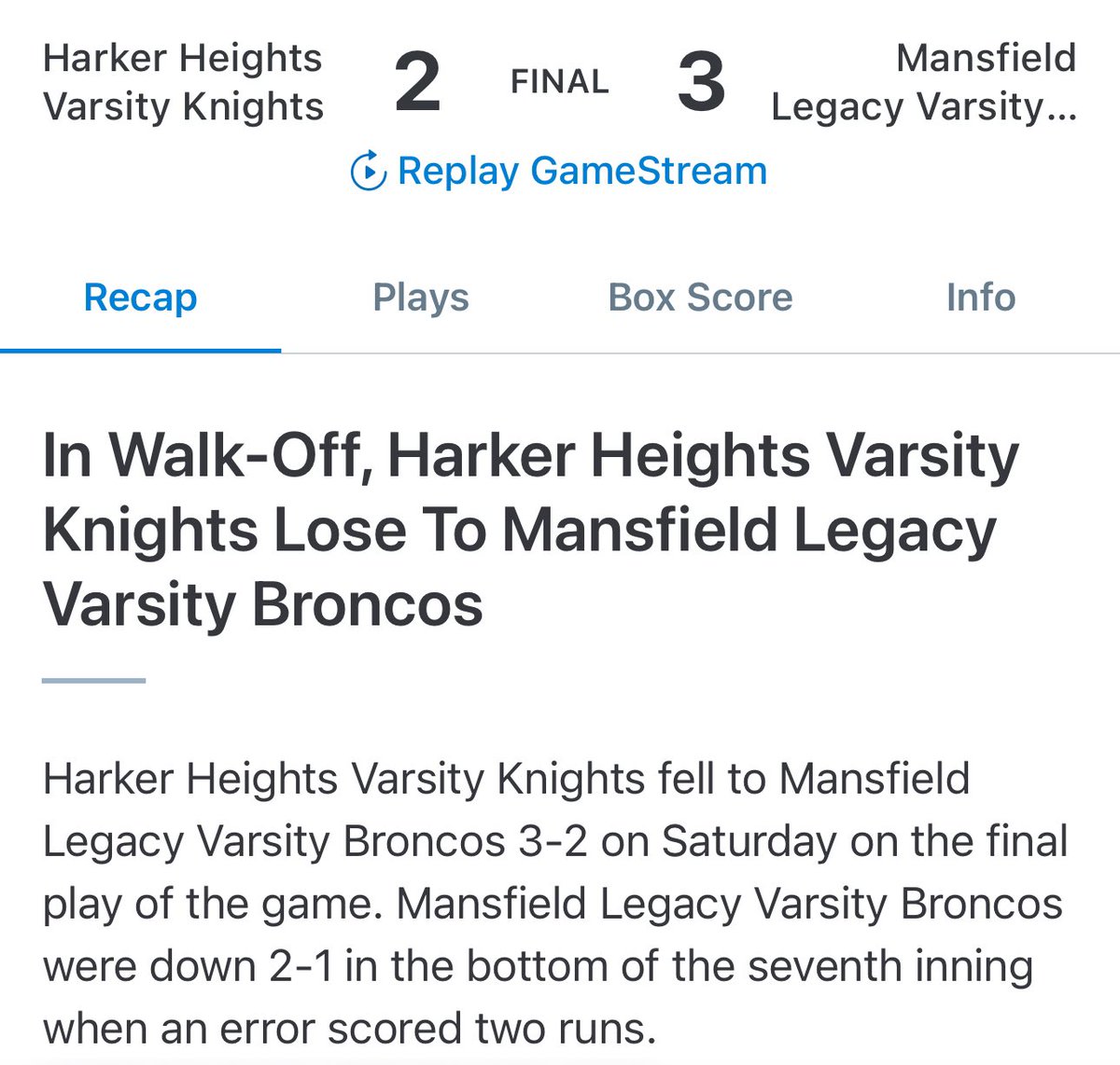 Harker Heights Knights fell to Mansfield Legacy Varsity Broncos 3-2 on Saturday on the final play of the game. Mansfield Legacy Varsity Broncos were down 2-1 in the bottom of the seventh inning when an error scored two runs.Great Season Knights!!!! @HHKnights_BSBL @KDHsports