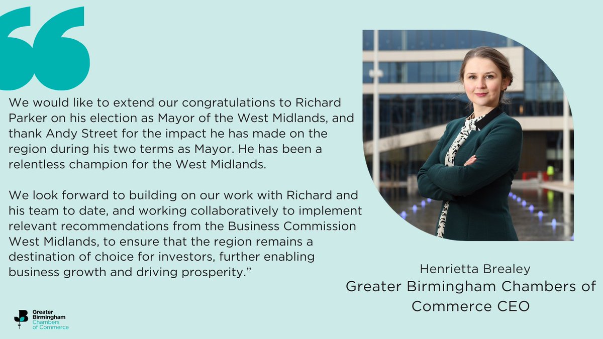 Congratulations to @RichParkerLab on his election as Mayor of the West Midlands! The Greater Birmingham business community looks forward to working together to drive business growth and prosperity across the region. #LocalElection2024 #WestMidlands #GeneralElectionlNow