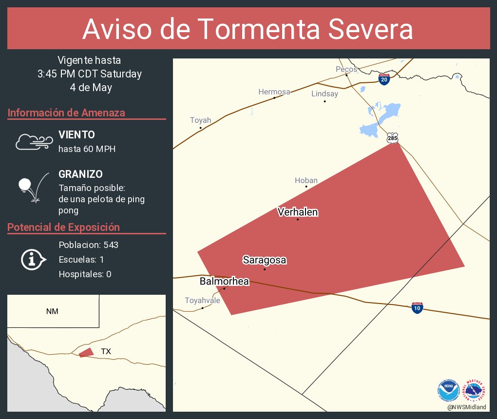 Aviso de Tormenta Severa incluye Balmorhea TX, Verhalen TX, Saragosa TX hasta las 3:45 PM CDT