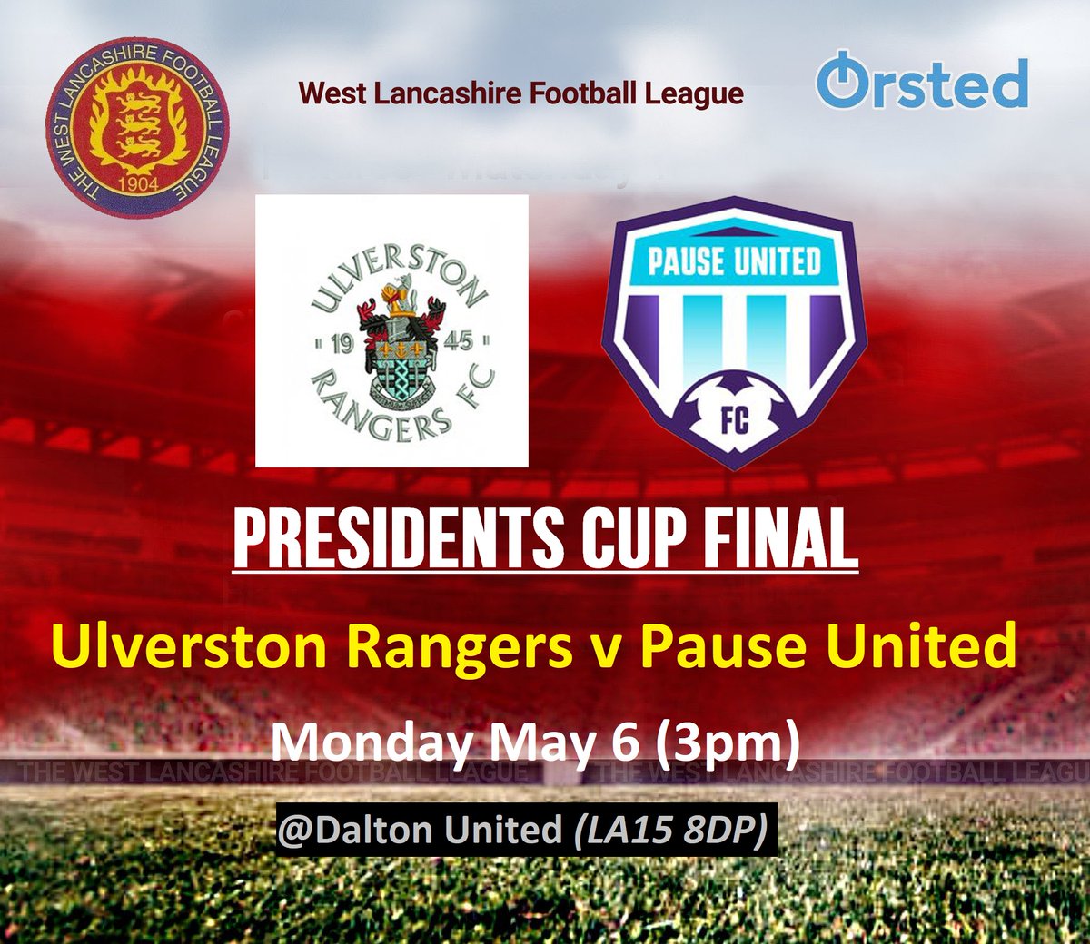 🏆𝗣𝗥𝗘𝗦𝗜𝗗𝗘𝗡𝗧𝗦 𝗖𝗨𝗣 𝗙𝗜𝗡𝗔𝗟🏆 Entry is £6 and £3 concessions. @UlvRangers2017 v @PauseUnited Huge thanks to @daltonunitedfc for being hosts for our third cup final