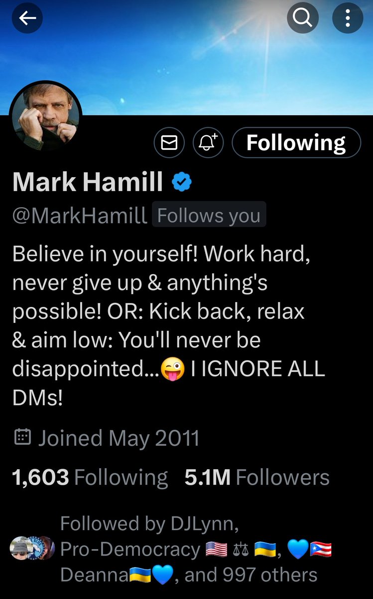 OMG MARK HAMILL FOLLOWED ME ON STAR WARS DAY!!!! #MayTheFourthBeWithYou