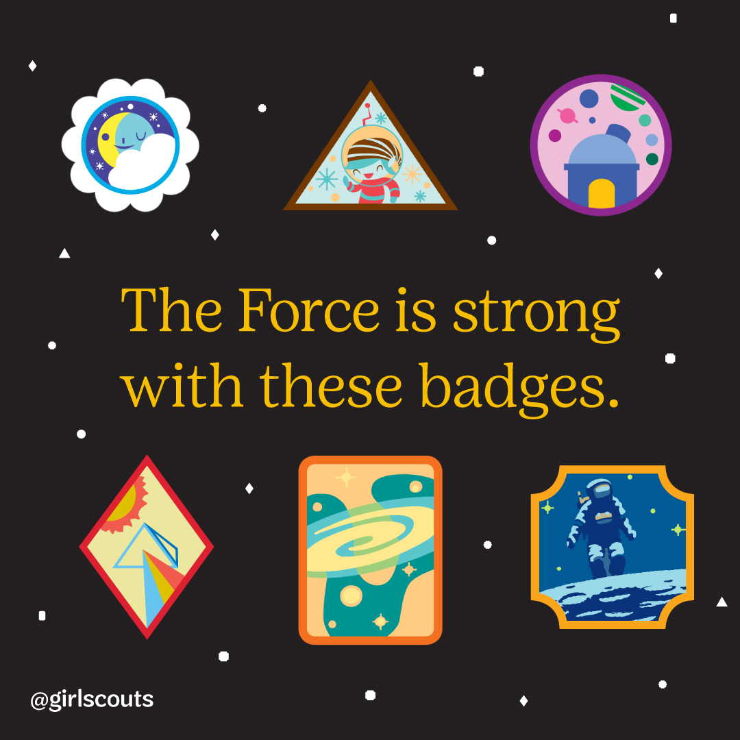 Space Science badges unite on May the Fourth! 🚀✨ May the Fourth Be with you as we explore galaxies far, far away! link.girlscouts.org/3PwfOu2 #GirlScouts #MayTheFourth