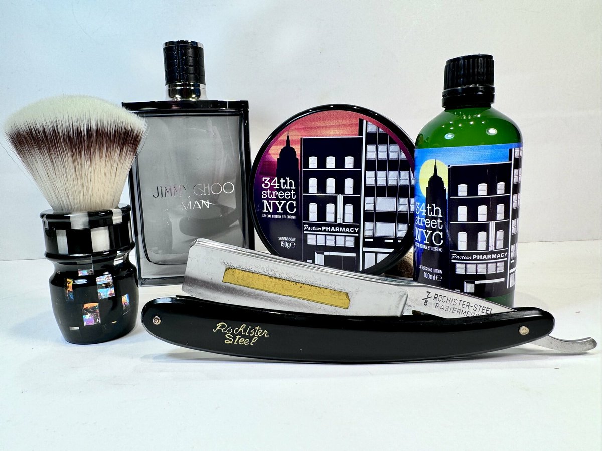 Today's shave gear: Lodrino: 34th Street NYC, Shaving soap & After Shave. Dscosmetic, Kensurfs, 24 mm synthetic. Rochister Steel, 7/8, rasiermesser. Jimmy Choo Man, EdT. ow.ly/MGZG50RwxOl #shaveOfTheDay #shaveGear #mensGrooming #wetShaving #sotd