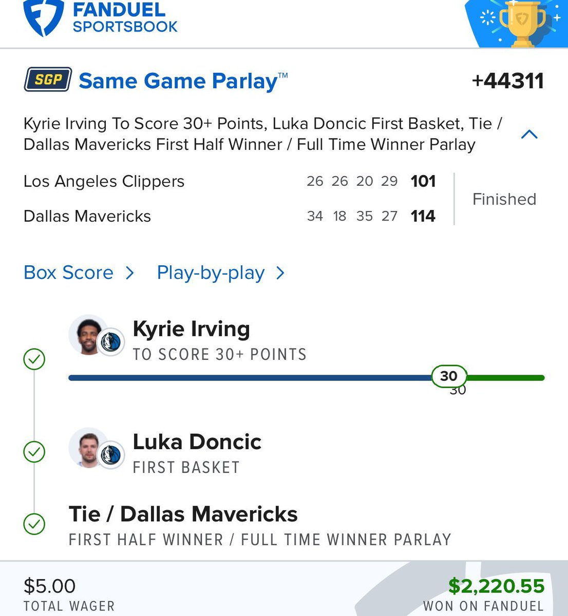 This parlay is INSANE. - Needed 28 points in the 2H from Kyrie - Correctly predicted the first basket - Sniped first half TIE and Mavs win INCREDIBLE. (via @jmaccc214 @fdsportsbook)