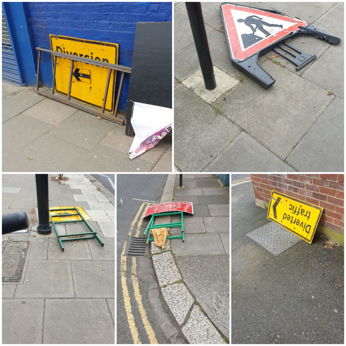 @EalingCustSer @EalingCouncil
Any chance some procedure can be followed so temporary roadwork signage isn't continually forgotten & left obstructing pavements? Fed up of reporting it. These were all spotted in 1 day.

@BetterEaling  
#active travel
#no to pavement clutter