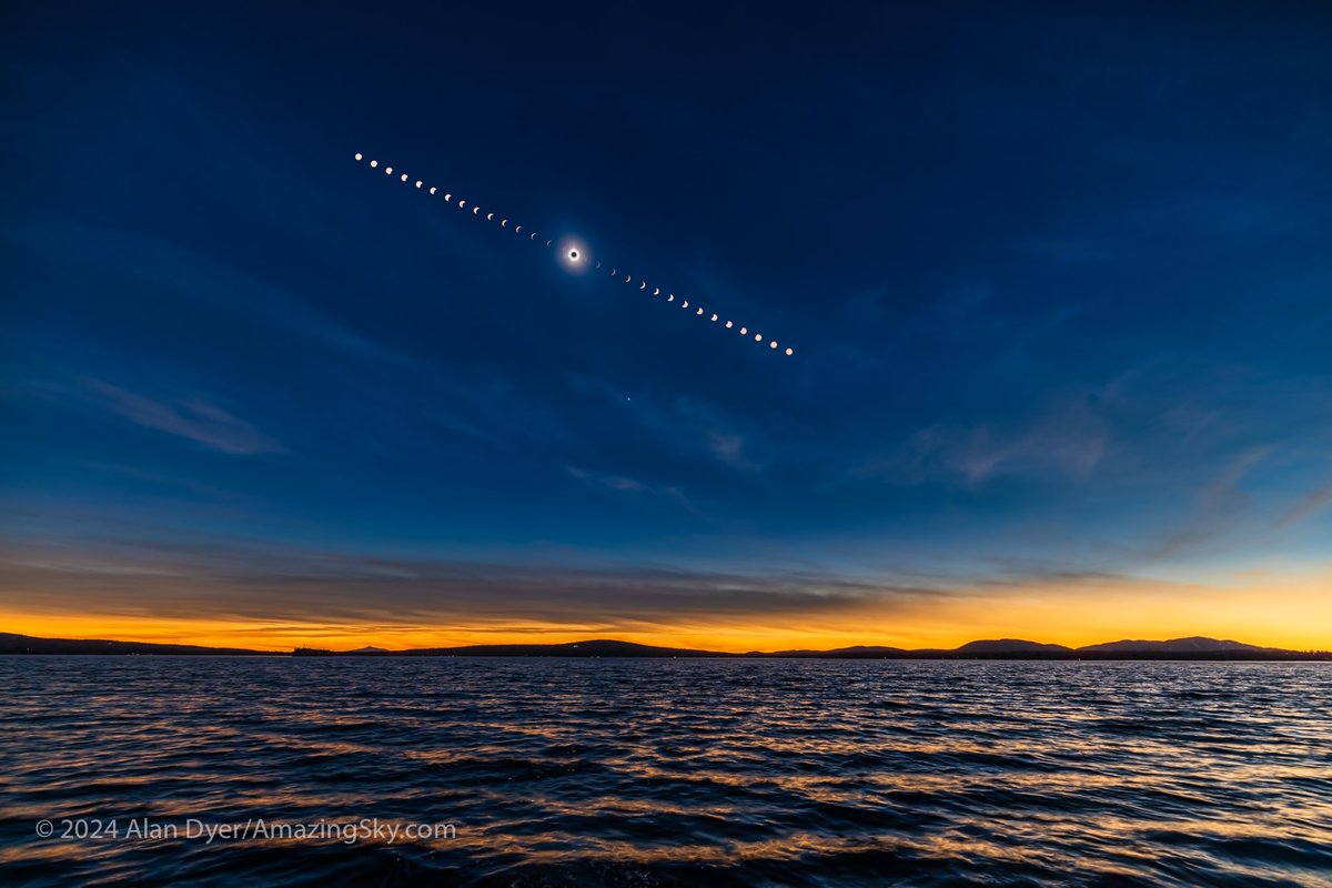 A new eclipse image, a month later. This is a composite of a single image of totality and the eclipse sky over Lac Brome in Québec, blended with telephoto images of the filtered partial phases, placed to be fairly accurate for position and size. #TotalSolarEclipse2024 #TSE2024
