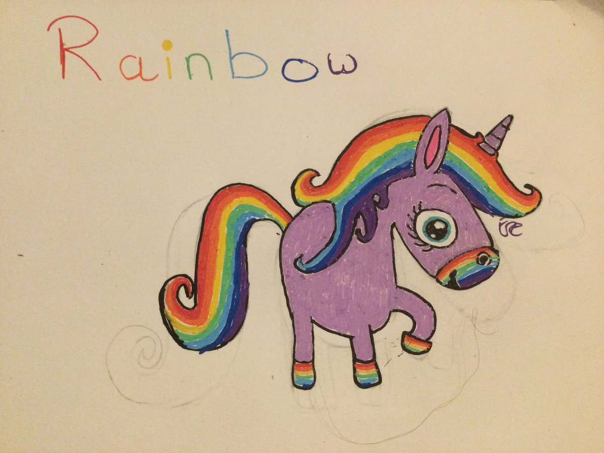 Please meet Rainbow the #DrawWithRob Unicorn

Rainbow lives in the pot of gold at the end of rainbow, obvs, she likes listening to Brit Smith & she’s counting down to Eurovision 🌈🦄
@RobBiddulph #Unicorns #Rainbow #RainbowDash