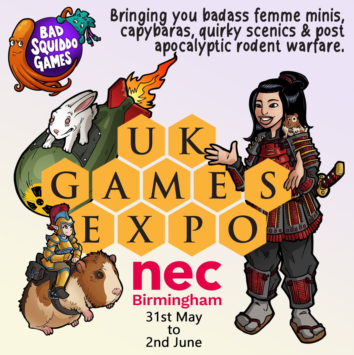 The Bad Squiddo Squad soon comes to Birmingham NEC for UK Games Expo. We'll have our many hundreds of different packs of badass femme 28mm miniatures as well as our ranges of critters (cute and terrifying) a handful of fellas, and the massive amount of fun & practical scenics!