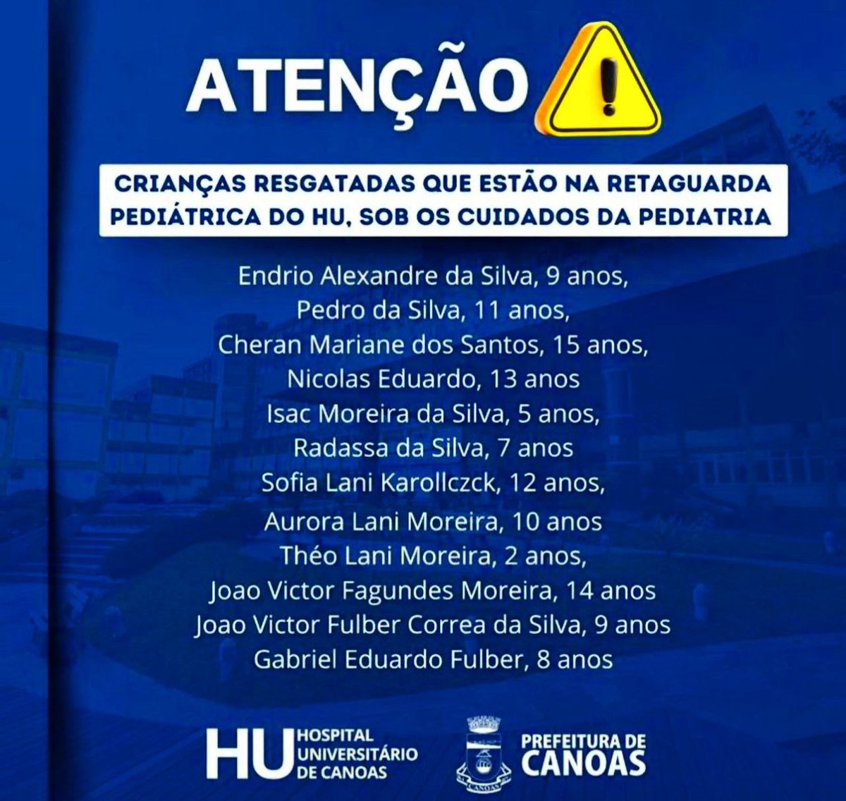 Na cidade de Canoas há diversas crianças perdidas de seus pais!

O Hospital Universitário e a Prefeitura de Canoas emitiram lista de crianças resgatadas que estão sob os cuidados da unidade de pediatria.