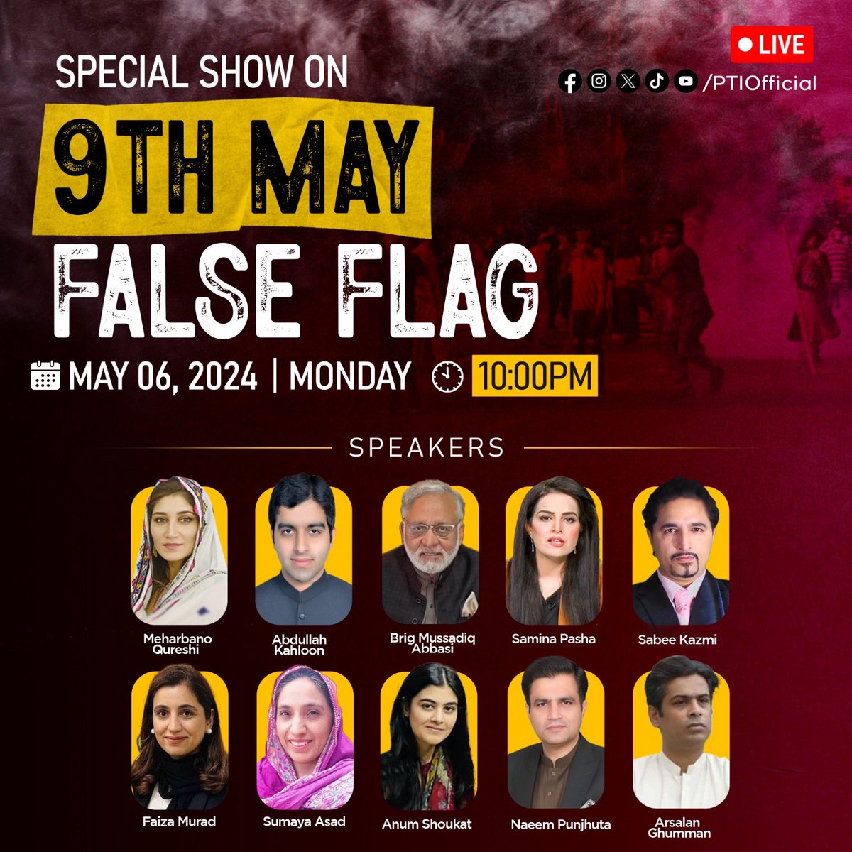 PTI Social Media will host a series of programs next week with journalists, PTI leadership, lawyers and victims of #May9th_FalseFlag operation! This is the first program which will be LIVE on Monday night at 10pm. @MusaddiqAbbasi8 @ArsalanGhumman @pasha_samina @SabeeKazmi786…