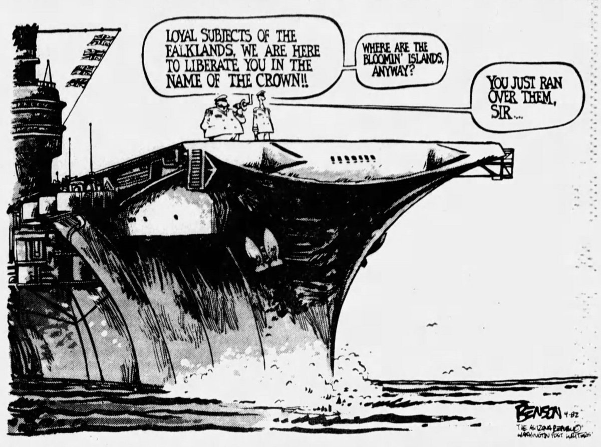 May 4th 1982: The American fascination for the #Falklands war is widespread, and most people are more than a little intrigued to see the British delivering a lesson in modern war over tiny islands half the world away. On this day, the San Francisco Examiner sums it up nicely...