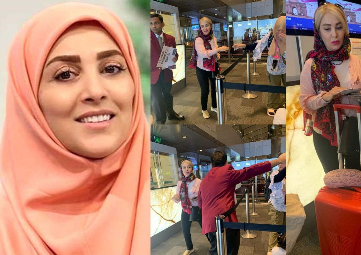 ژیلا صادقی، مجری صداوسیما جمهوری تروریستی اسلامی، وابسته به سازمان تروریستی سپاه و از حامیان تروریست‌های حماس در فرودگاه آمریکا