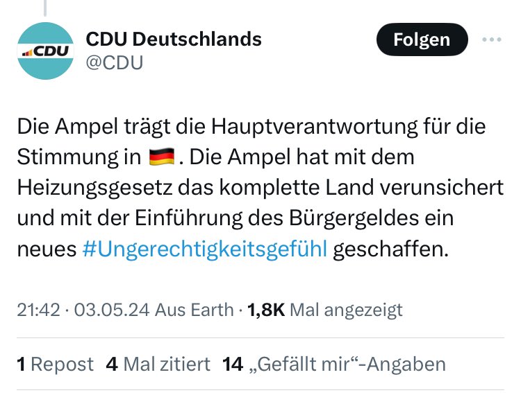 Als ich den Screenshot gerade gesehen habe, musste ich erstmal nachschauen, ob der Tweet wirklich existiert. Damit ist Trumpisierung der Union endgültig abgeschlossen. 

Deutsche Republikaner