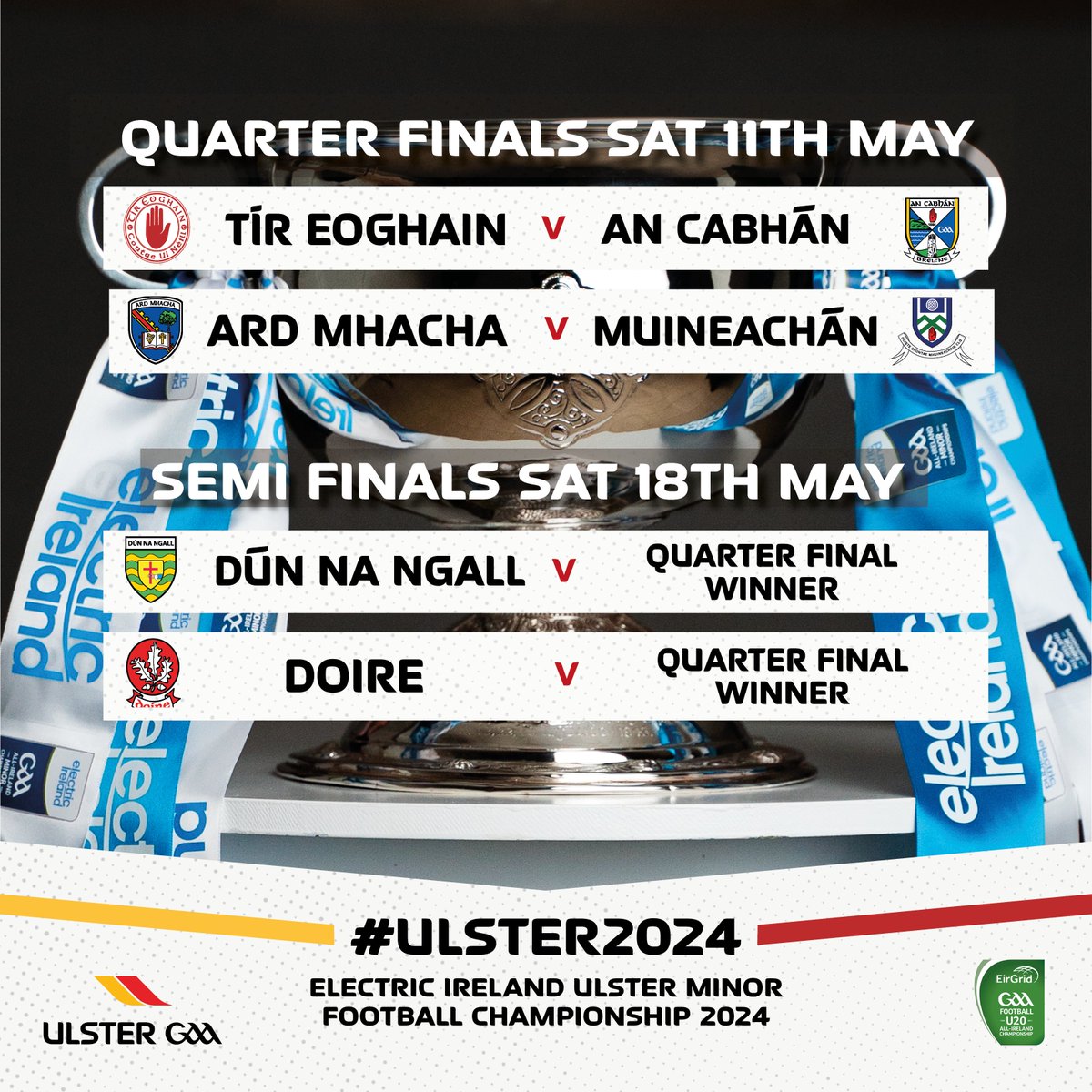 Here's the results from this afternoon's @ElectricIreland Ulster Minor Round Five games, the final group standings, and line-up for the upcoming Quarter Finals & Semi Finals🏆 Times and venues for next weekend's Quarter Finals to be confirmed. #Ulster2024 #ThisIsMajor